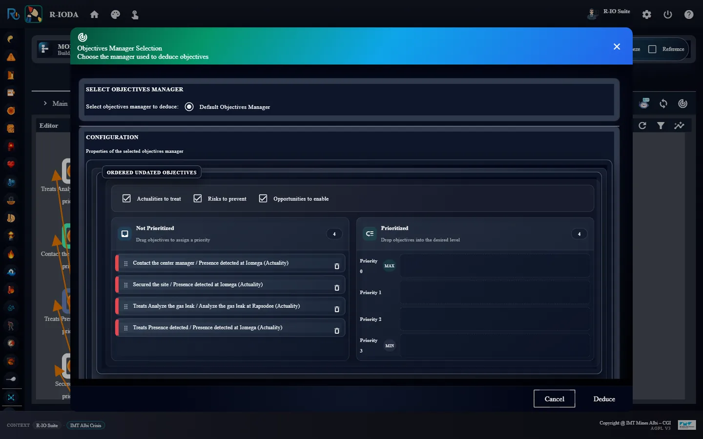 Objectives manager selection dialog listing four objectives