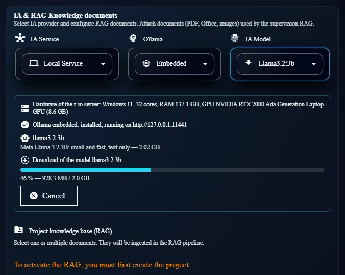 Téléchargement du modèle llama3.2:3b à 46 %, 928 Mo sur 2,0 Go, bouton Cancel.
