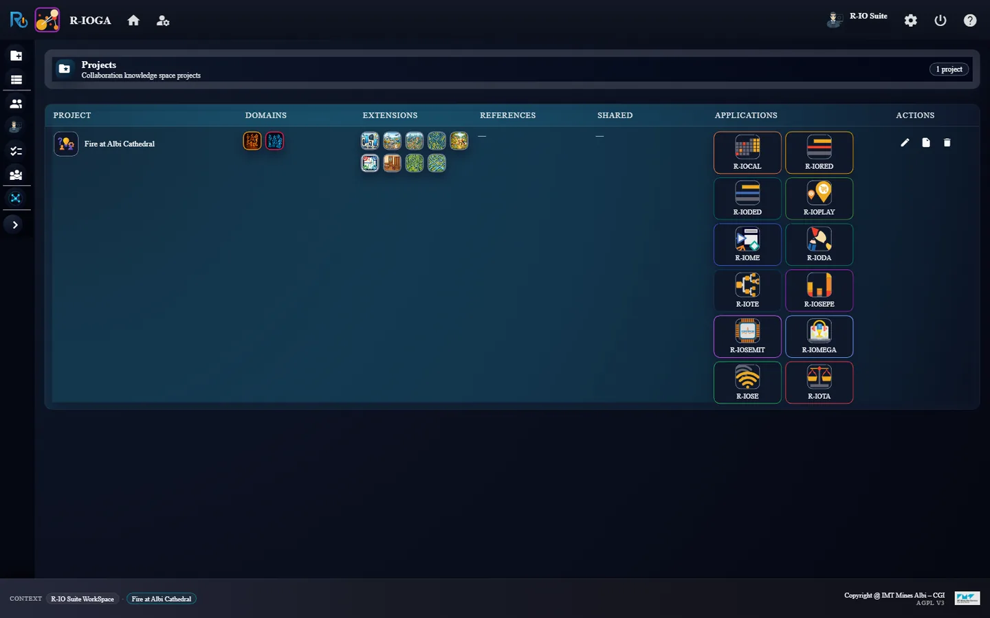 Project List: the new project, no reference, and its twelve application launchers.