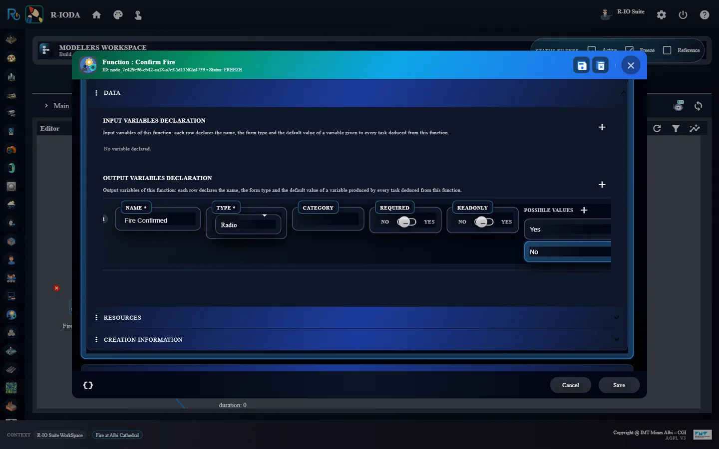 The Radio output variable Fire Confirmed, Yes or No.