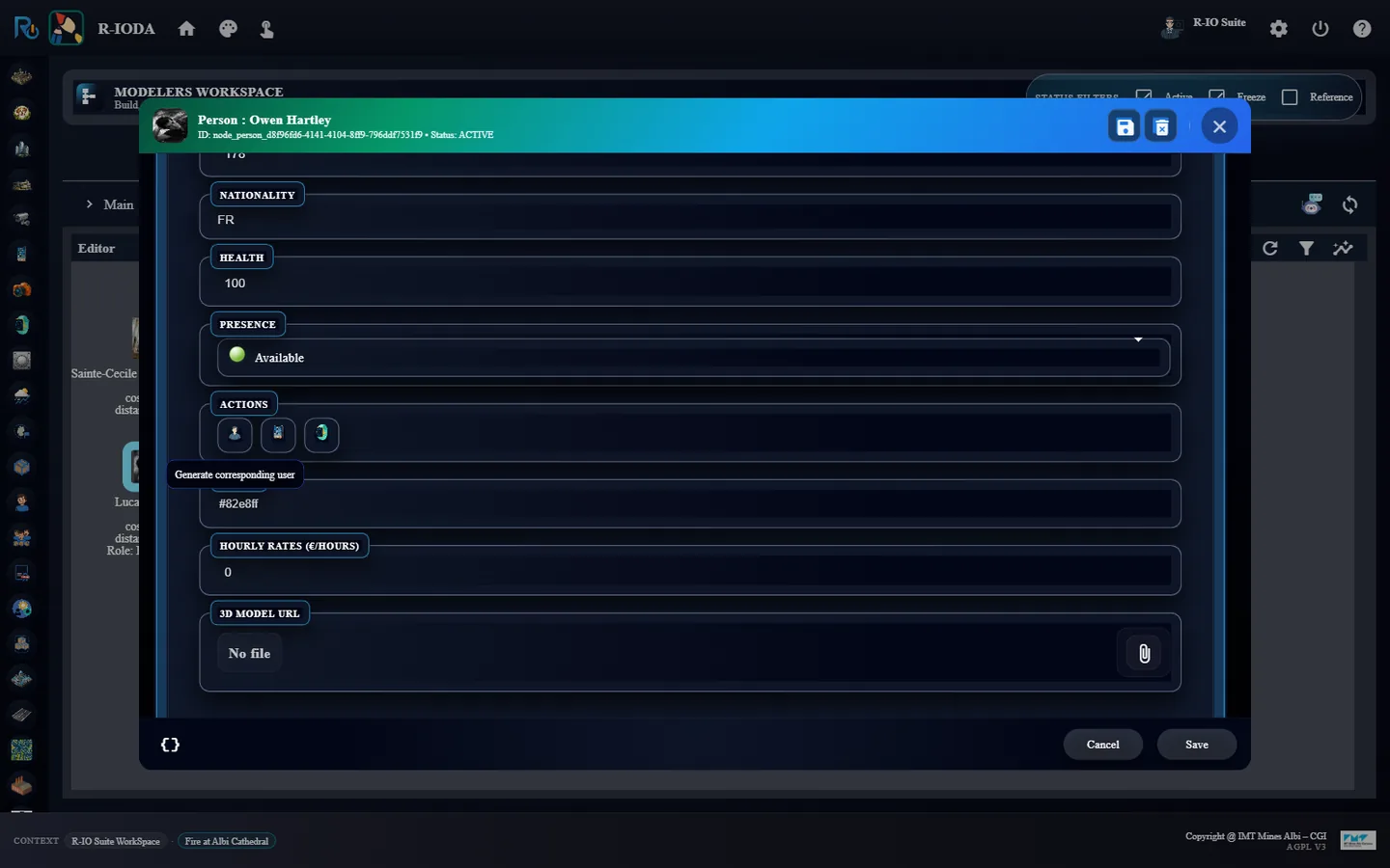 Renamed Owen Hartley, the dialog title follows the new name; the Generate corresponding user action in REQUIRED INFORMATION.