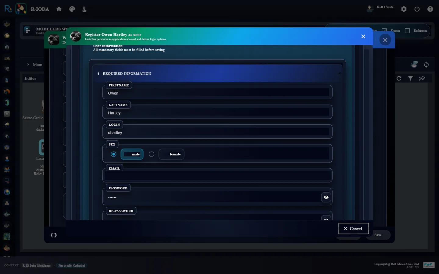 The user to register: login ohartley, password preset (e-mail hidden).