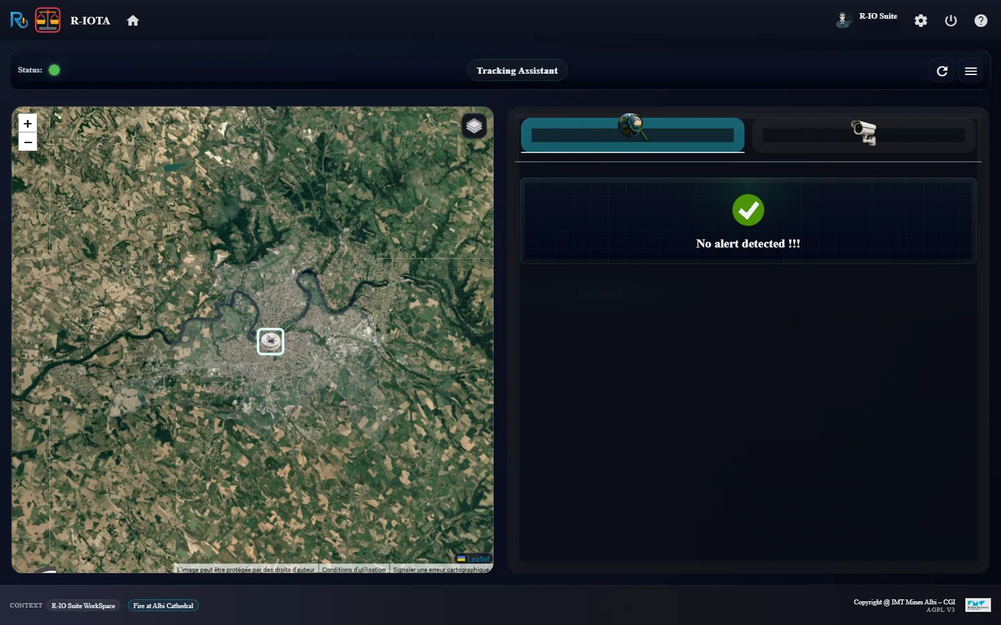 r-iota - no alert, green status, Albi, the sensor and the firefighter on the map.