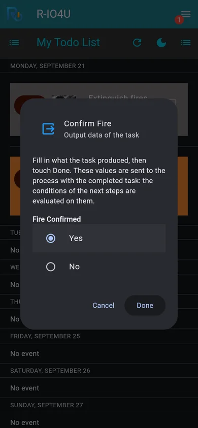 Ticking Confirm Fire opens its output form, titled with the task name: Fire Confirmed = Yes.