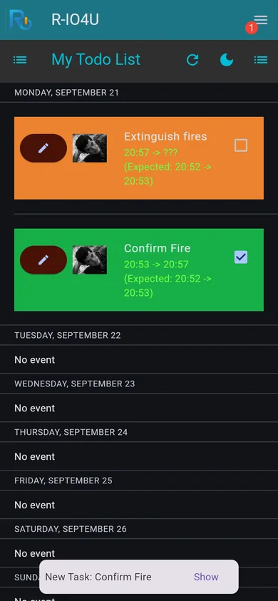 Fire confirmed: Confirm Fire done (green), Extinguish fires started (orange).