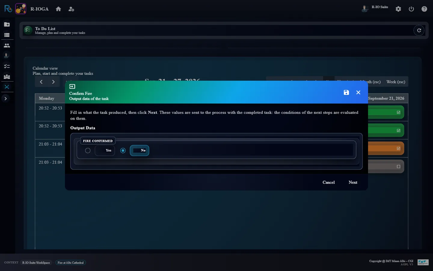 The dialog is titled with the task name and explains what to fill in: Fire Confirmed = No.